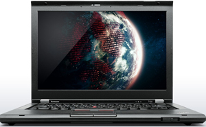  Front view of an opened ThinkPad T430, with screen showing an art-styled earth  
